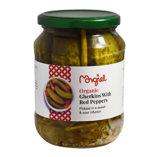 Organic Gherkins with Red Peppers 670g